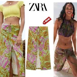 Zara green brown purple leaf print tropical front slit beaded linen tie skirt XL